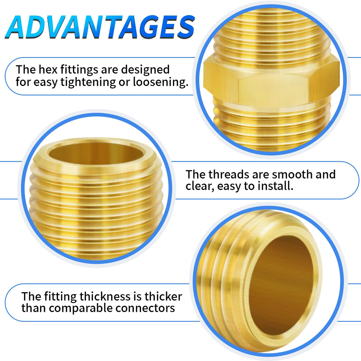 ChillWaves Brass Pipe Fitting，Hex Nipple 3/4" NPT Male x 3/4" NPT Male Thread Adapter(3-PACK)