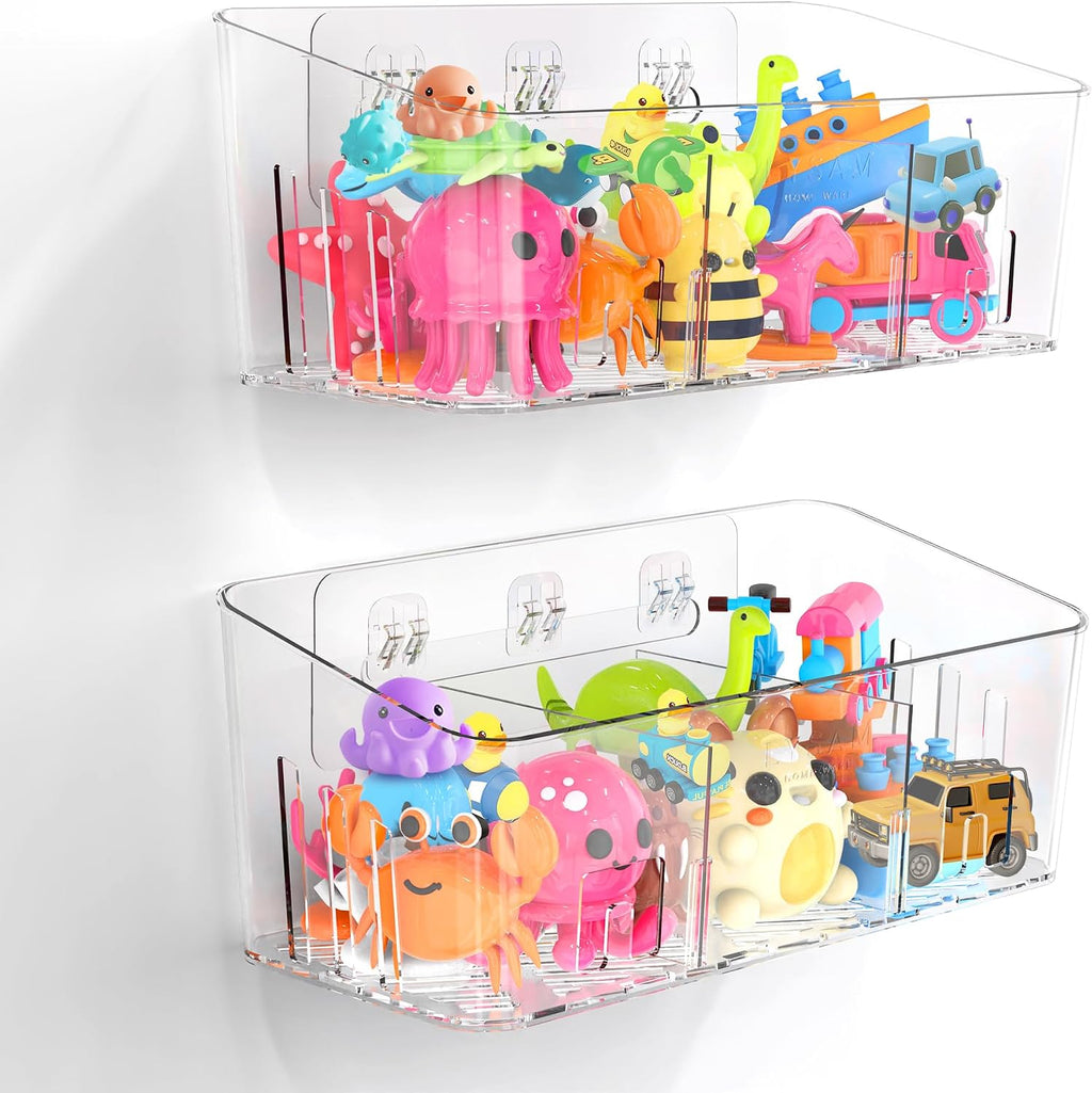 Bath Toy Storage 2 Packs, Large Bath Toy Holder - 3 Compartments, Quick-Dry | BPA-Free Bathtub Toy Organizer