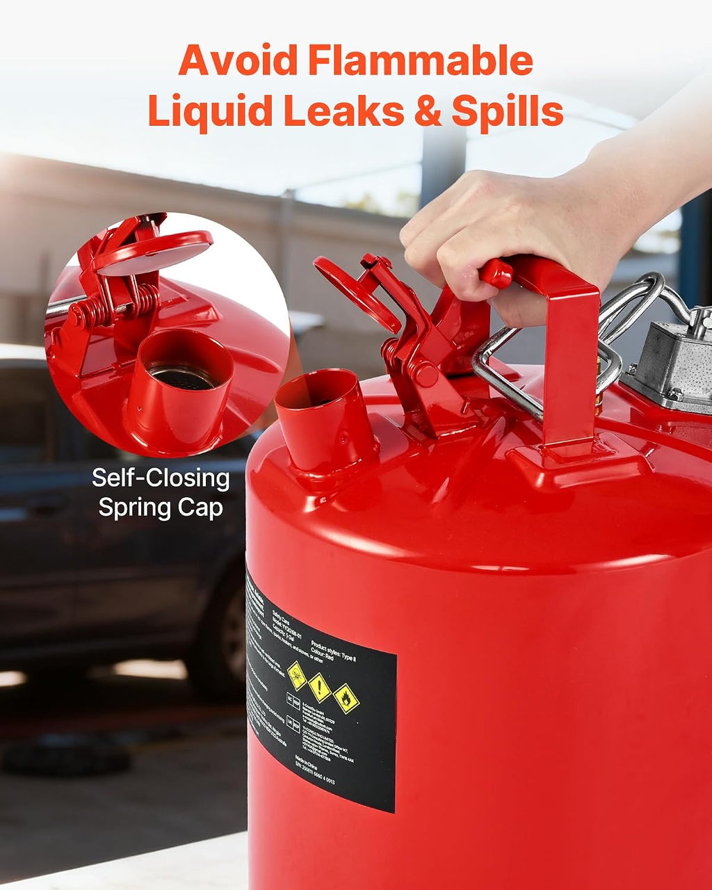 Safety Gas Can, 5 Gallon Type II Red Safety Can for Gasoline with Stainless Steel Flame Arrester, Self-Closing Lid &