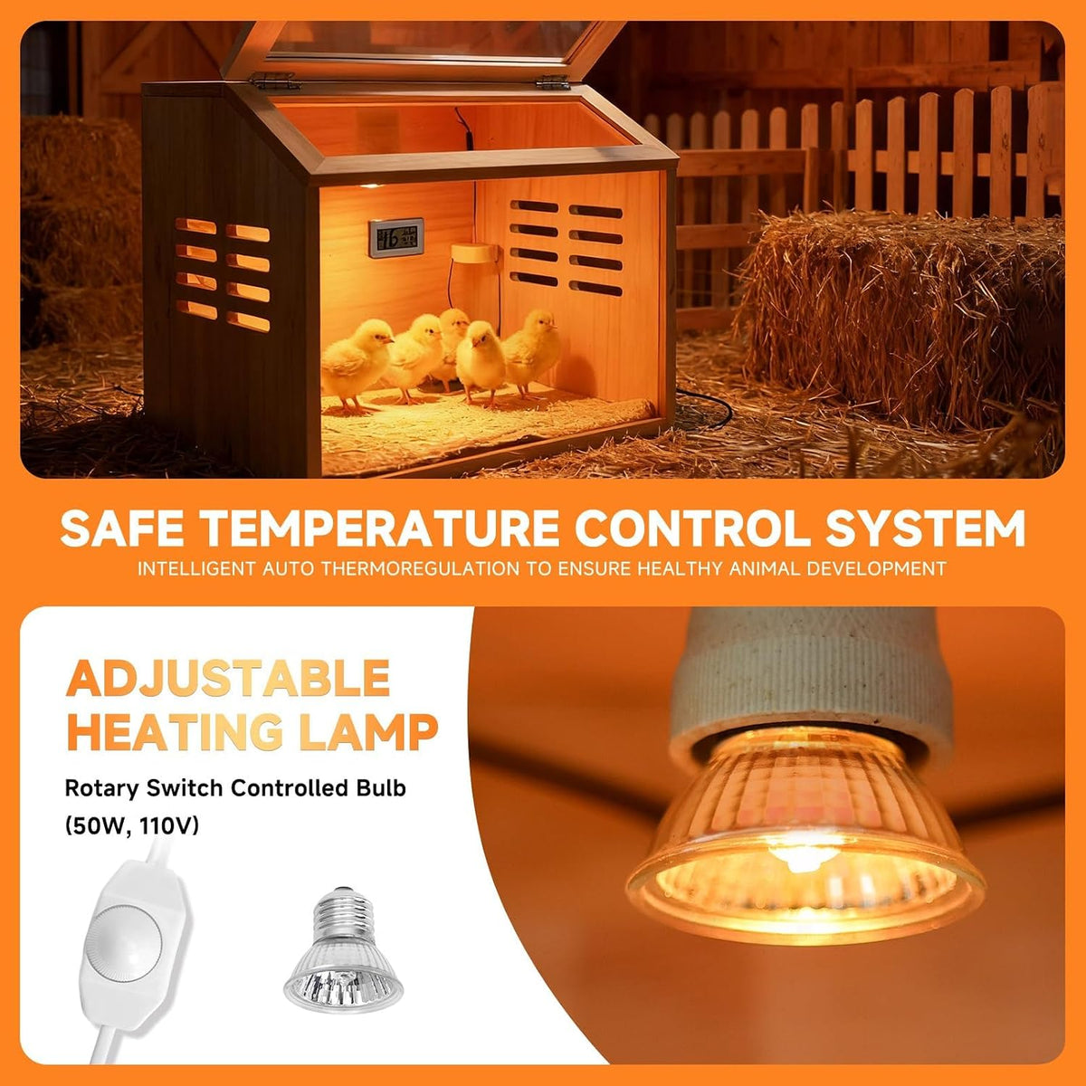 Wooden Chick Brooder Box with Heat Lamp and Thermometer, 15.7 x 12 x 12 in