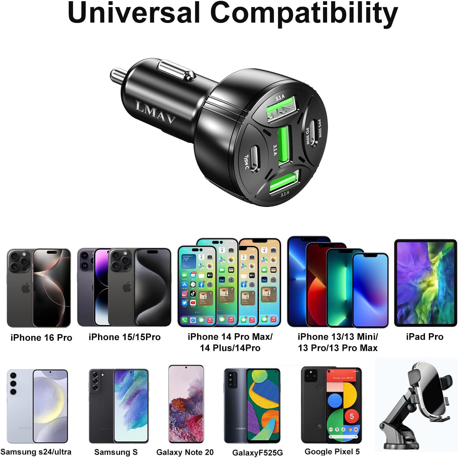 USB C Car Charger Adapter, 5 Ports 75W PD 3.0 Car Phone Charger Fast Charging Compatible with iPhone 16/15/14/13 Pro