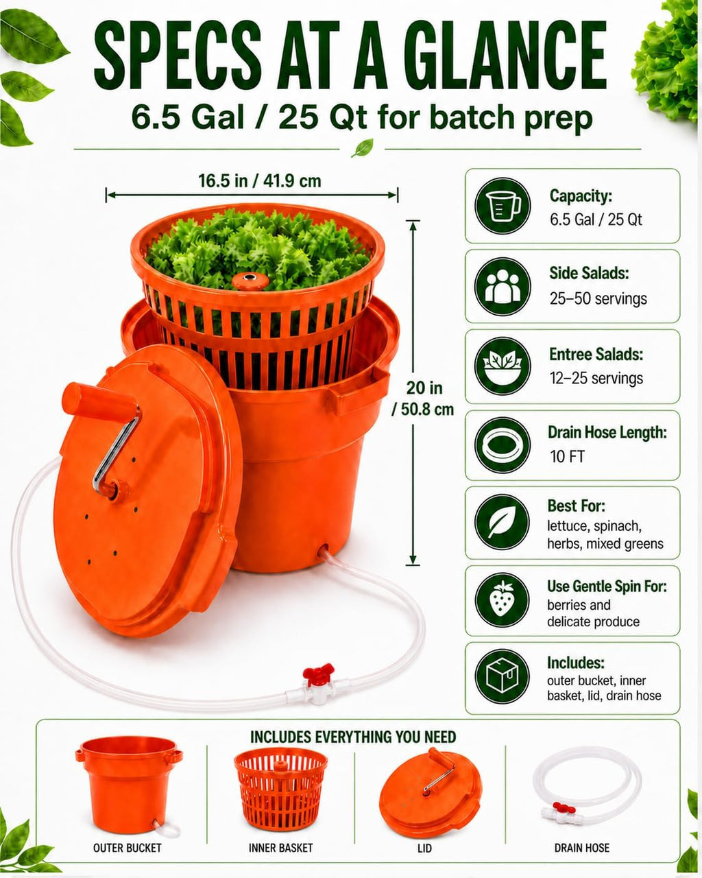 Commercial Salad Spinner - 6.5 Gallon Large Capacity Lettuce Dryer