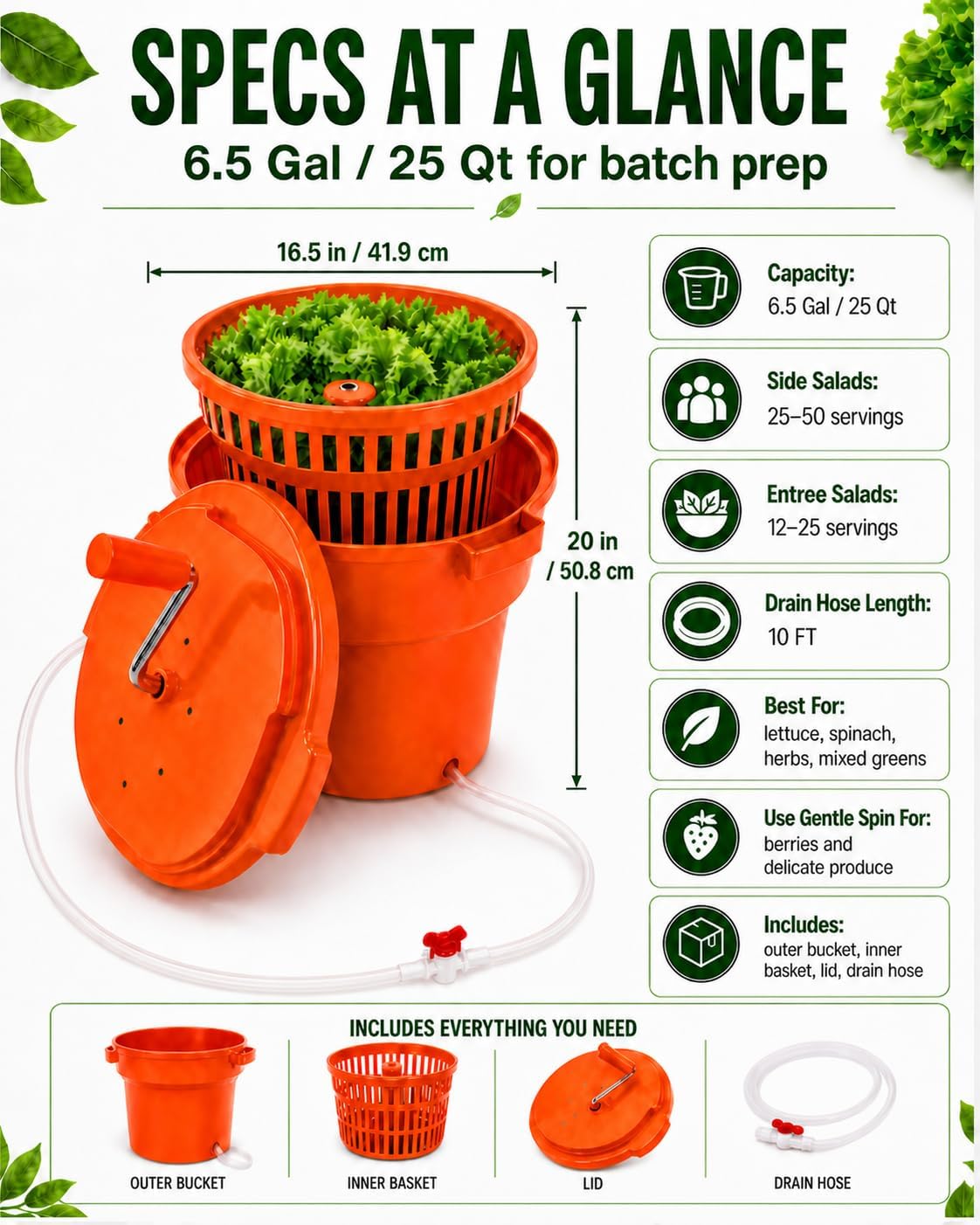 Commercial Salad Spinner - 6.5 Gallon Large Capacity Lettuce Dryer