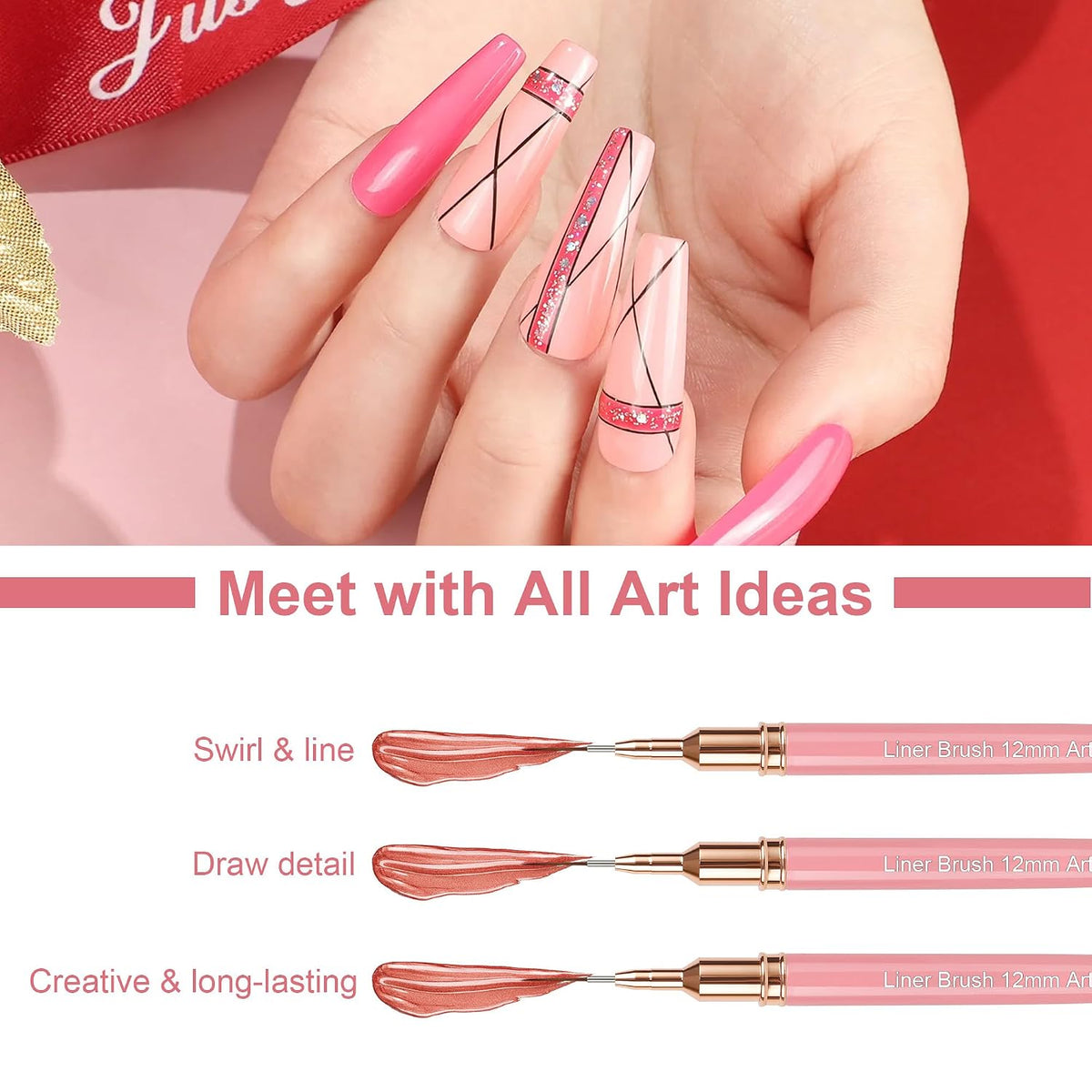 Metallic Nail Art Pens, Liner Brushes Set, 5PCS Pink Nail Tools