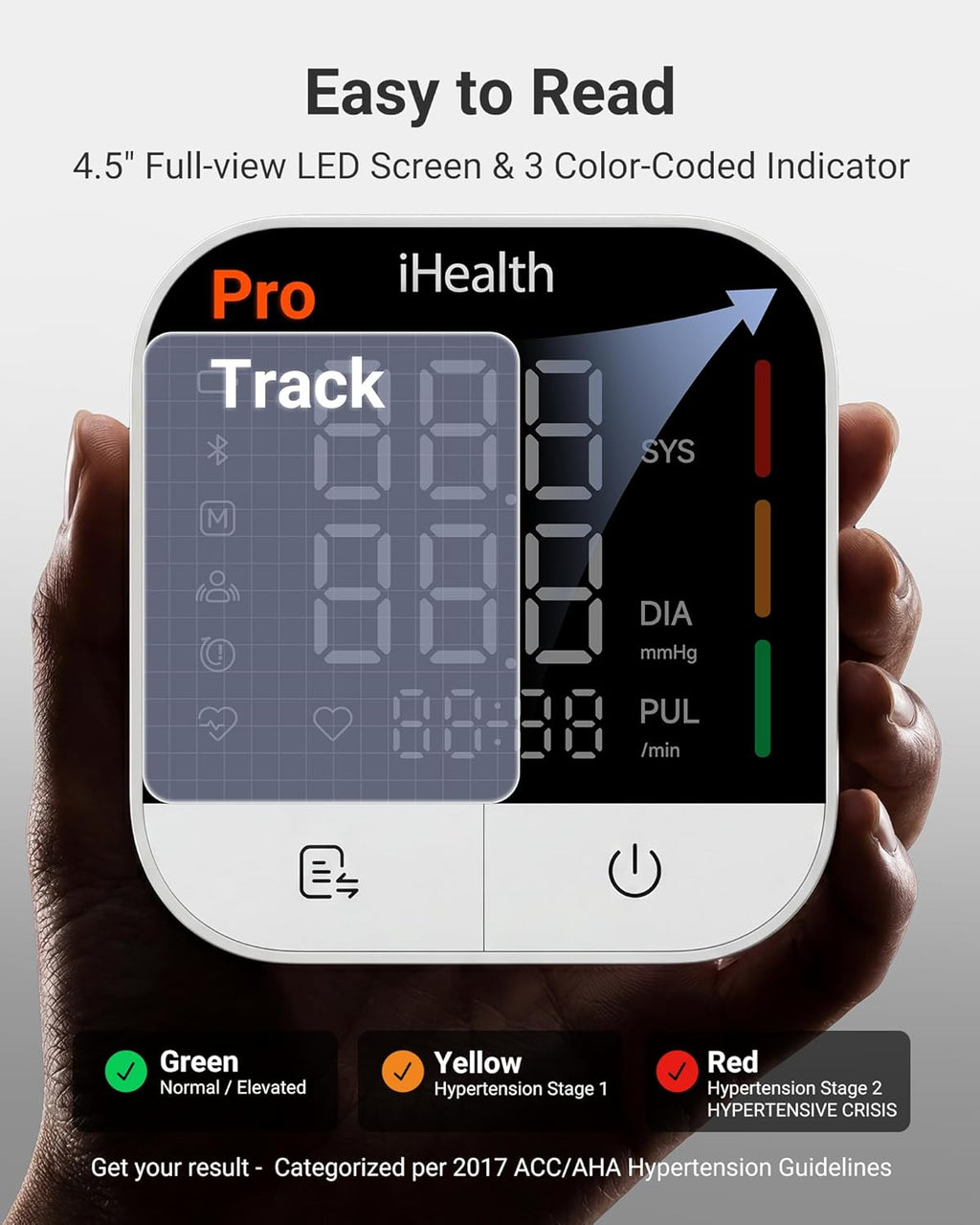 Track Pro Upper Arm Blood Pressure Monitor, Full-View LED Screen, Body & Cuff Detection, App-Enabled for iOS &