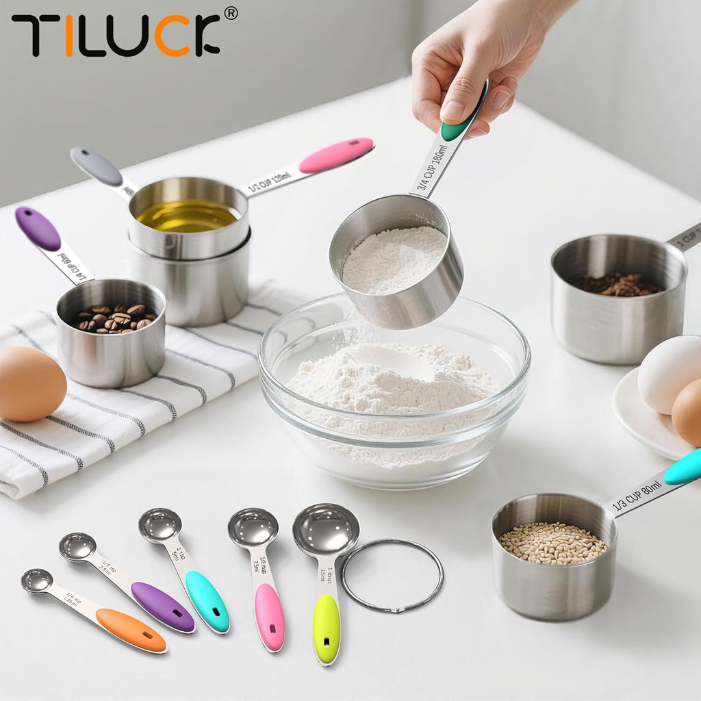 Nesting Measuring Cups and Spoons Set, Stainless Steel with Soft Silicone Handle – Heavy Duty & Dishwasher Safe for