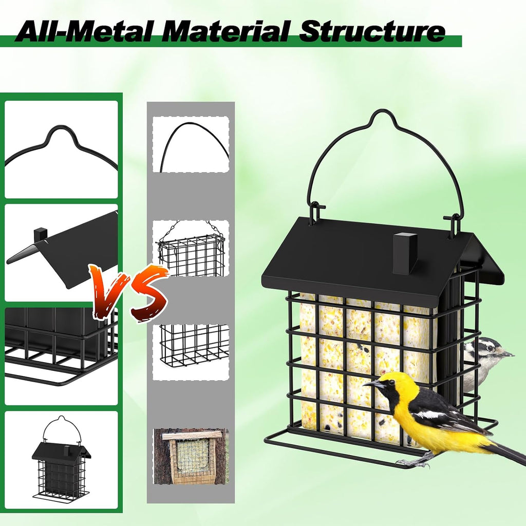 All-Metal Double Suet Bird Feeder for Outdoors Hanging, Black Roof
