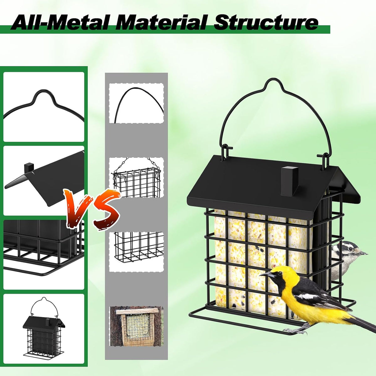 All-Metal Double Suet Bird Feeder for Outdoors Hanging, Black Roof