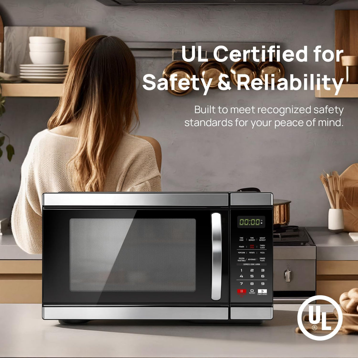 1000 Watt Microwave Countertop Ovens, Black Digital Small Microwave 1.1 Cu Ft, Large Microwave 6 Auto Cooking, Eco