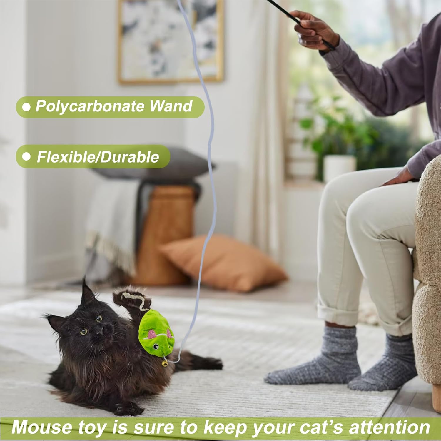 Interactive Cat Toy Wand with Catnip Mouse, Cat Teaser Wand Rainbow String for Bored Indoor Adult Cats and Kittens (2