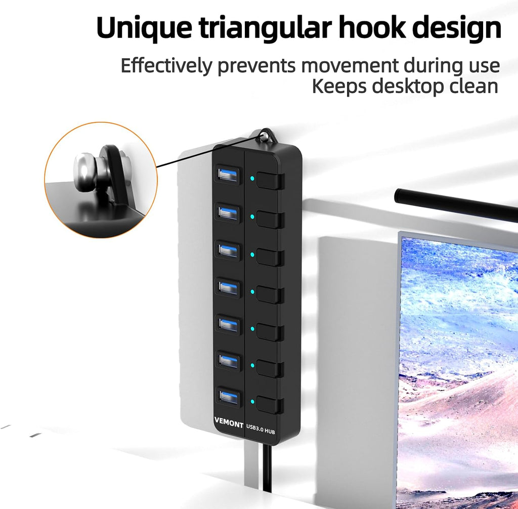 USB hub,7 Port USB 3.0 Hub,VEMONT USB Splitter with Individual On/Off Switches and Lights, 4ft/1.2m USB HUB Long
