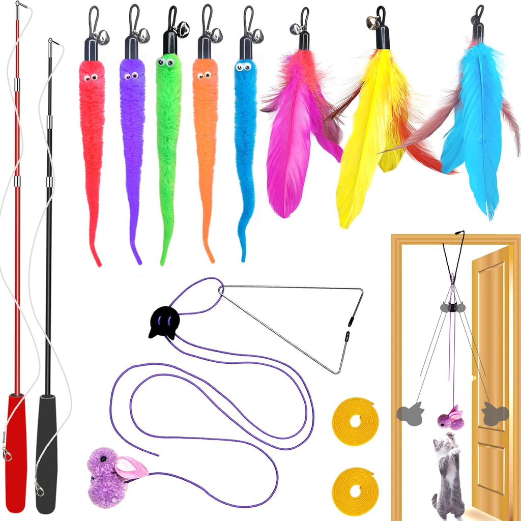 Cat Toys Interactive for Indoor Cats,2PCS Retractable Cat Wand,9PCS Teaser Toys&1PCS Hanging Door Lure Kitten