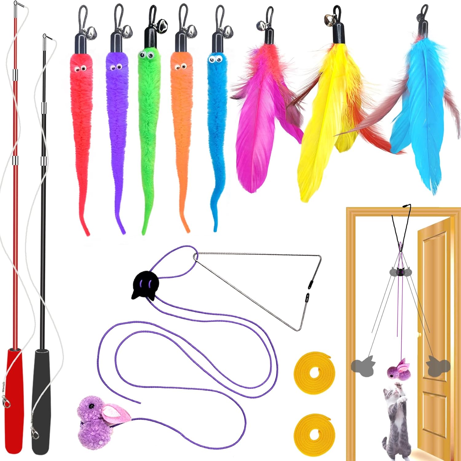 Cat Toys Interactive for Indoor Cats,2PCS Retractable Cat Wand,9PCS Teaser Toys&1PCS Hanging Door Lure Kitten