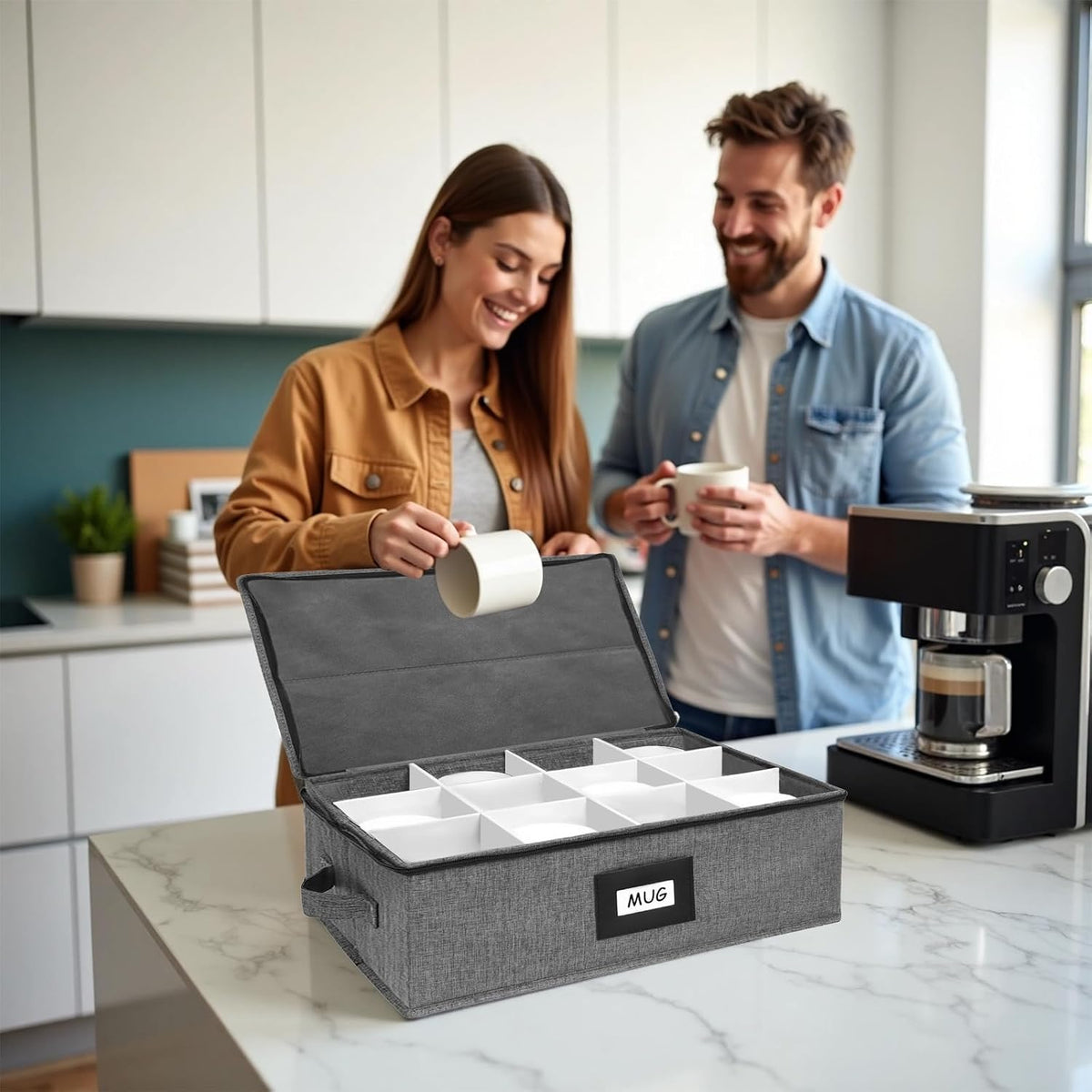 Mug Storage Box with 12 Compartments, Gray Hard Shell Container, Padded Dividers, Dual Handles, Zipper Lid for Coffee