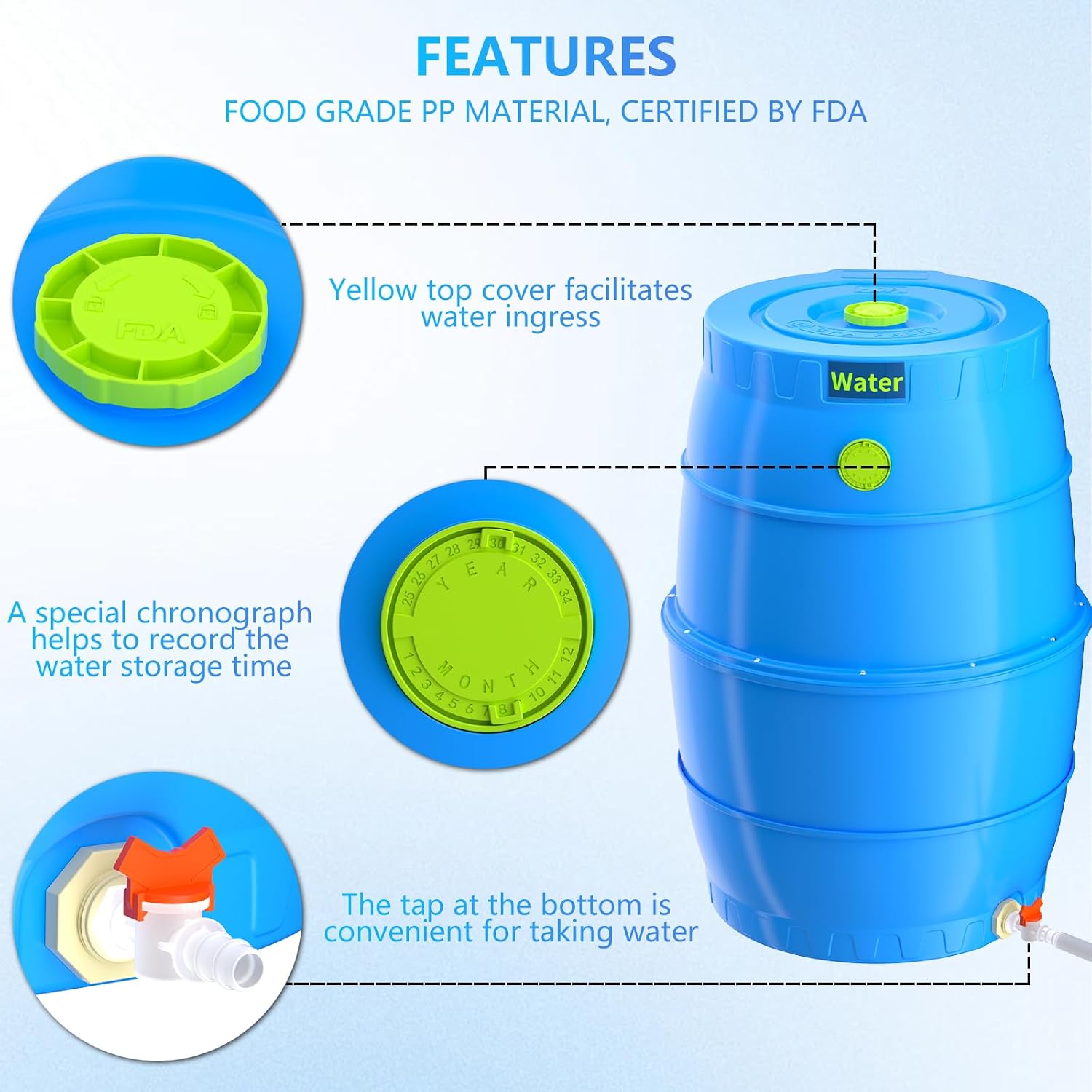 50 Gallon Water Collection Barrel-Drinking Water Storage Barrel with Spigots-Emergency Water Supply System