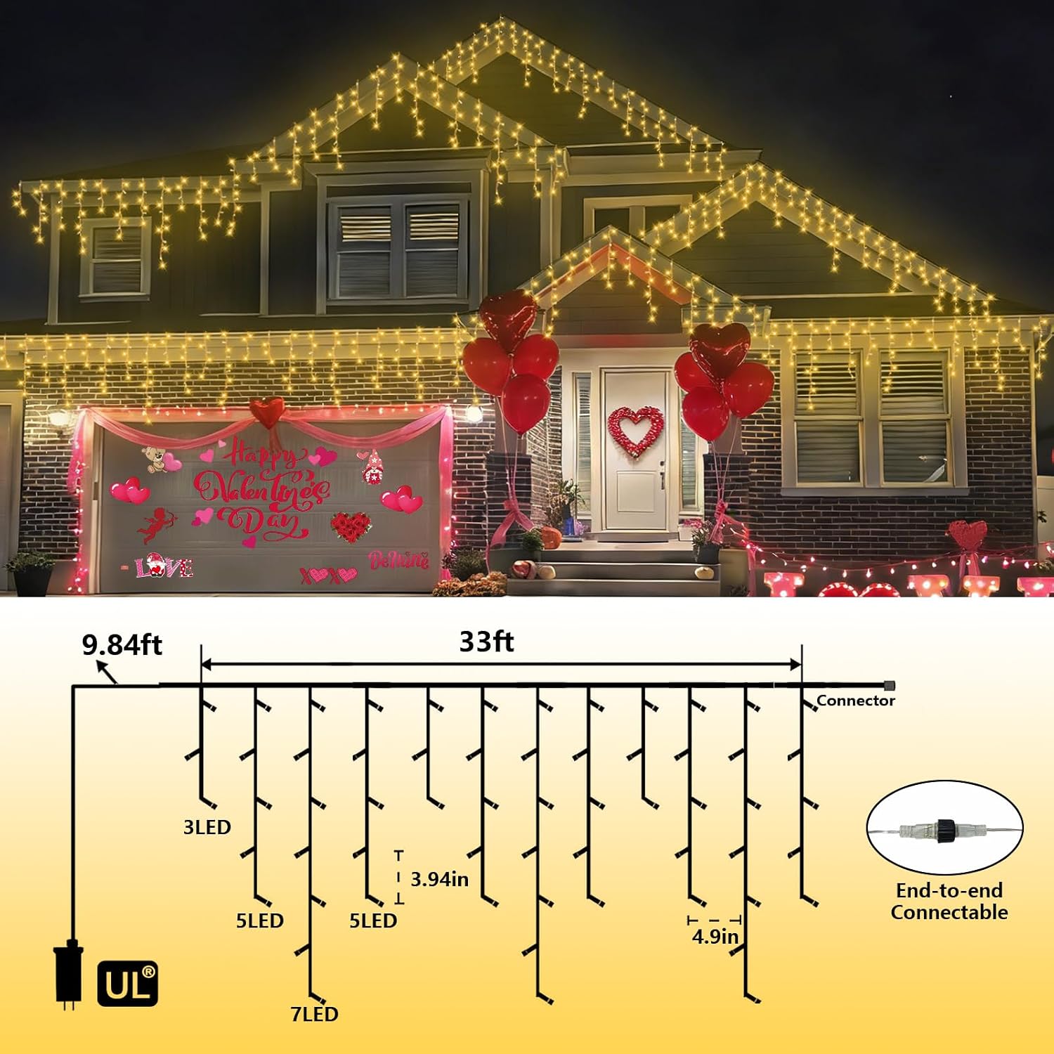33ft 400 LED Icicle Lights Outdoor, 80 Drops Icicle Christmas Light Connectable, 8 Modes Warm White Xmas Icicle