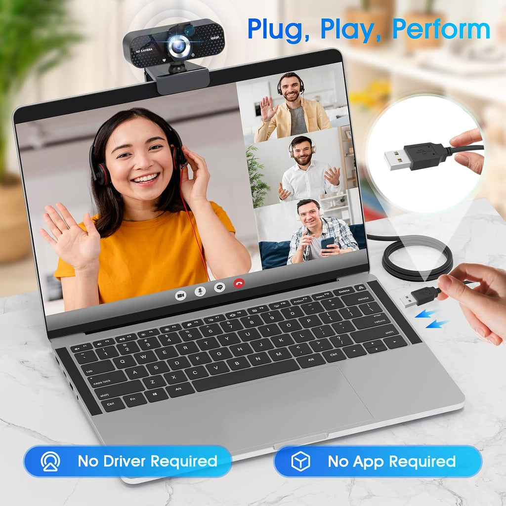 1080P Full HD Webcam with Noise-Canceling Mic, Auto Light Correction, Privacy Cover and Wide Angle Lens, Plug & Play