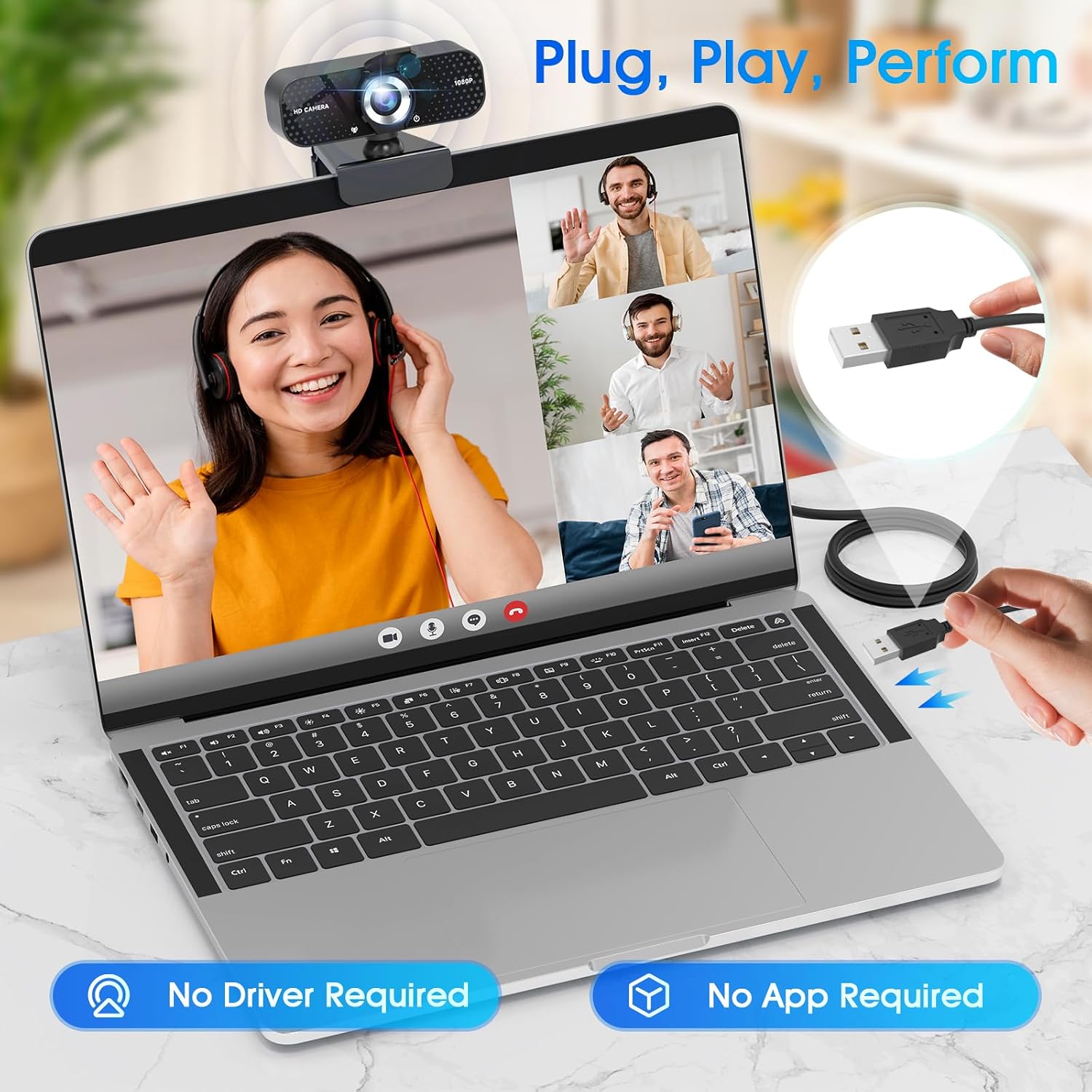 1080P Full HD Webcam with Noise-Canceling Mic, Auto Light Correction, Privacy Cover and Wide Angle Lens, Plug & Play