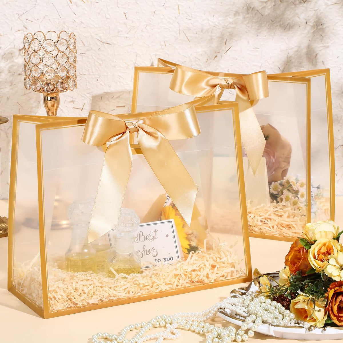 12 Pcs Christmas Gold Clear Plastic Gift Bags with Die Cut Handles