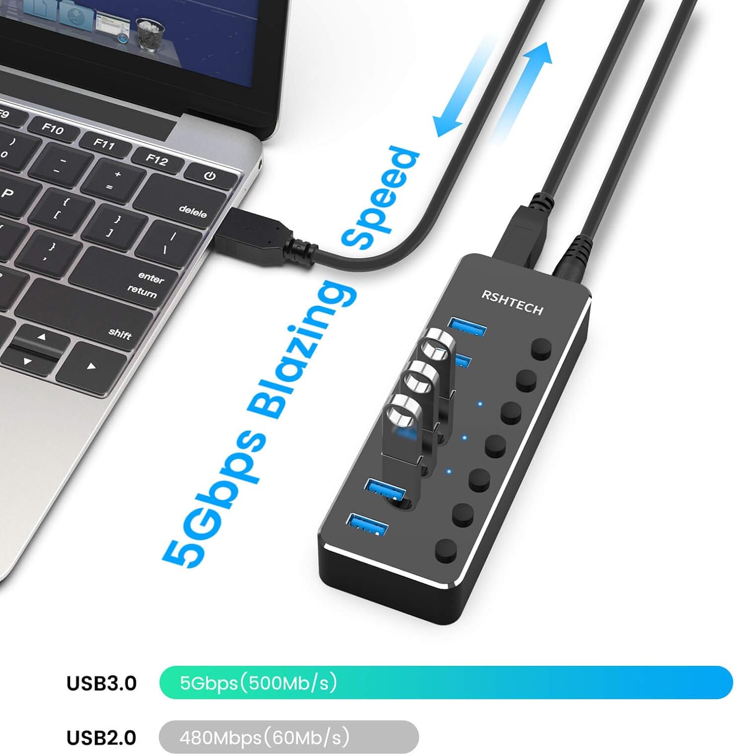 7-Port Powered USB Hub, USB 3.0 Data Port Extender Hub, RSH-518