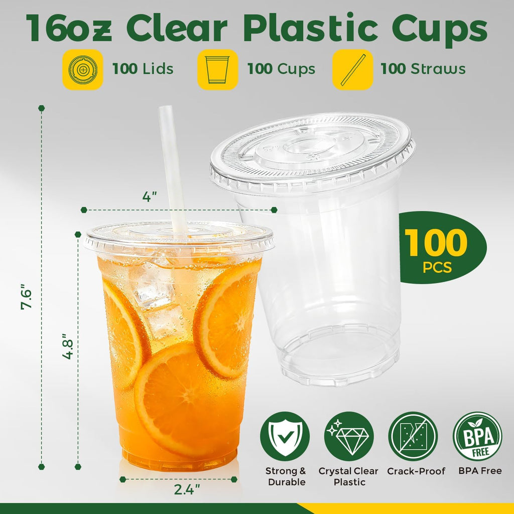 100 Sets 16 oz Plastic Cups with Lids and Straws