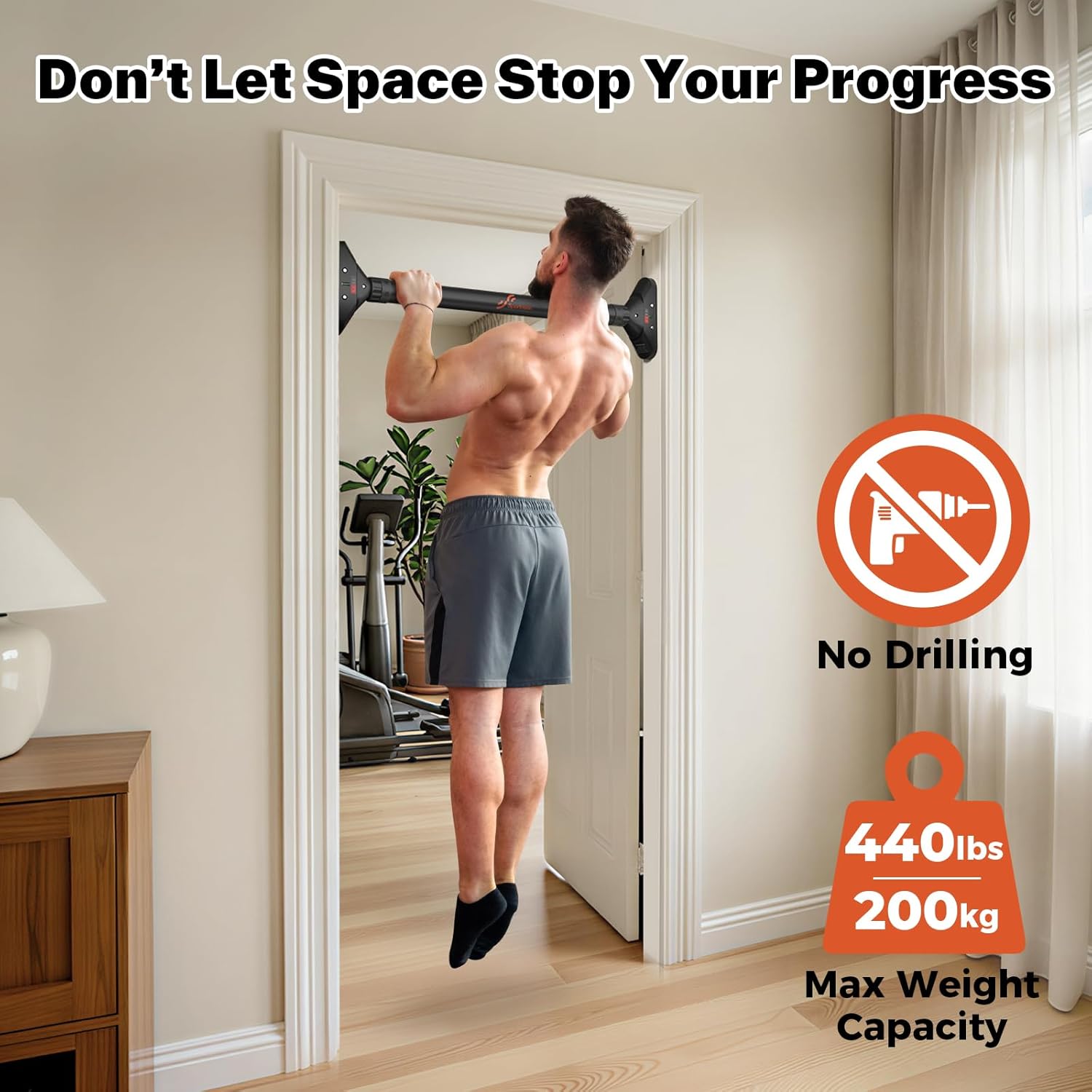 Pull Up Bar for Doorway, No-Drill, 29.5-37 in, 440 lb | No-Drill, Adjustable 29.5-37 in, 440 lb, Doorway Fit, Secure