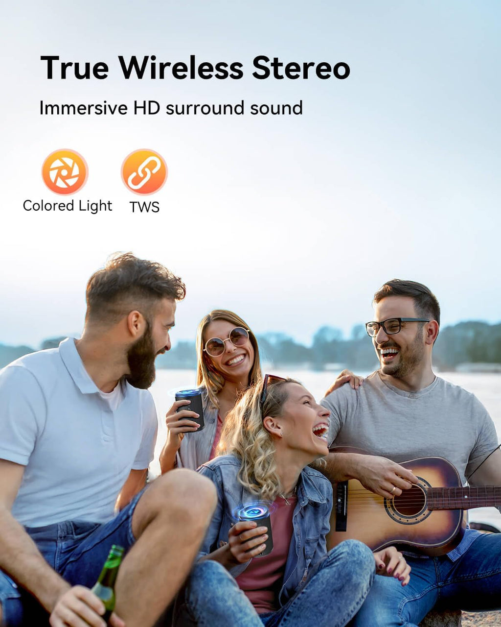Small Portable Bluetooth Speaker with Lights, TWS Stereo Surround Sound, Type C Powered, Bluetooth 5.3, AUX TF Card