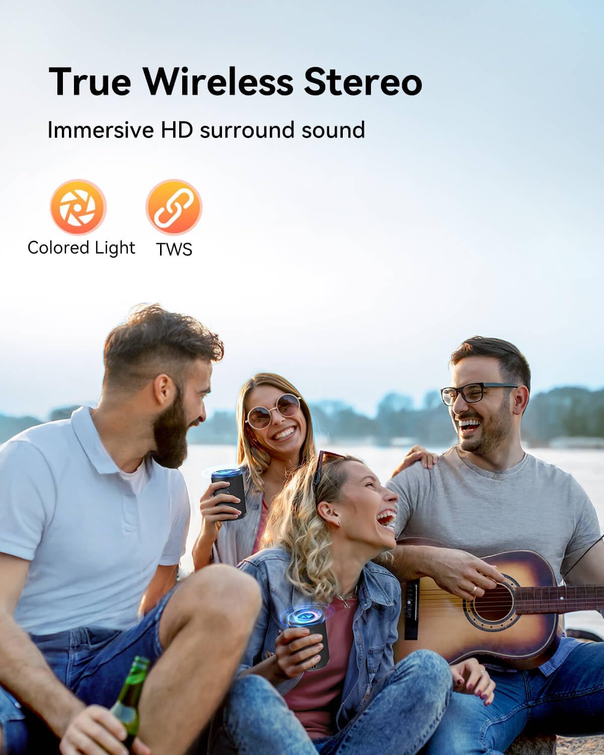 Small Portable Bluetooth Speaker with Lights, TWS Stereo Surround Sound, Type C Powered, Bluetooth 5.3, AUX TF Card