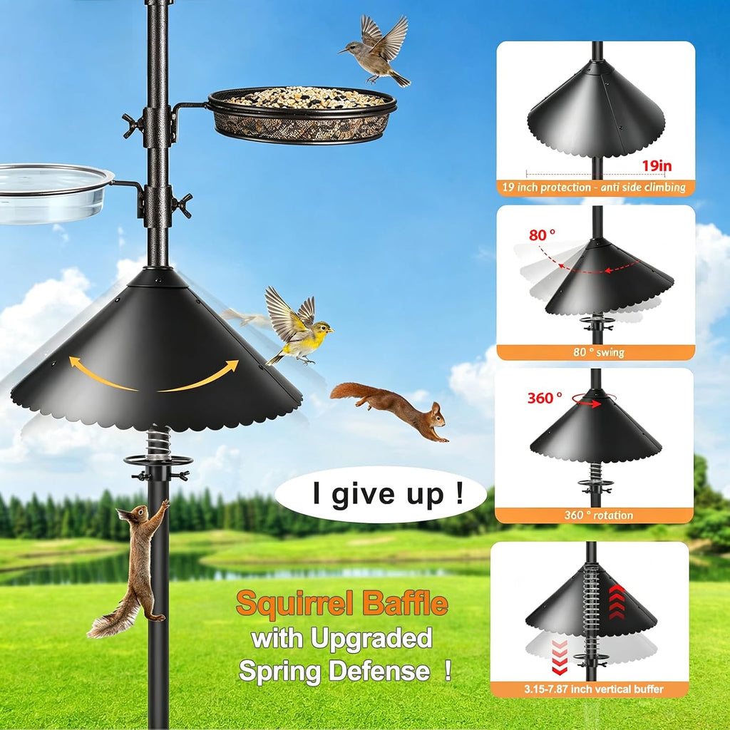 Metal Squirrel Baffle for Bird Feeder Pole, 19-Inch Chew Proof Guard with Spring Motion, Heavy Duty Pole Mount