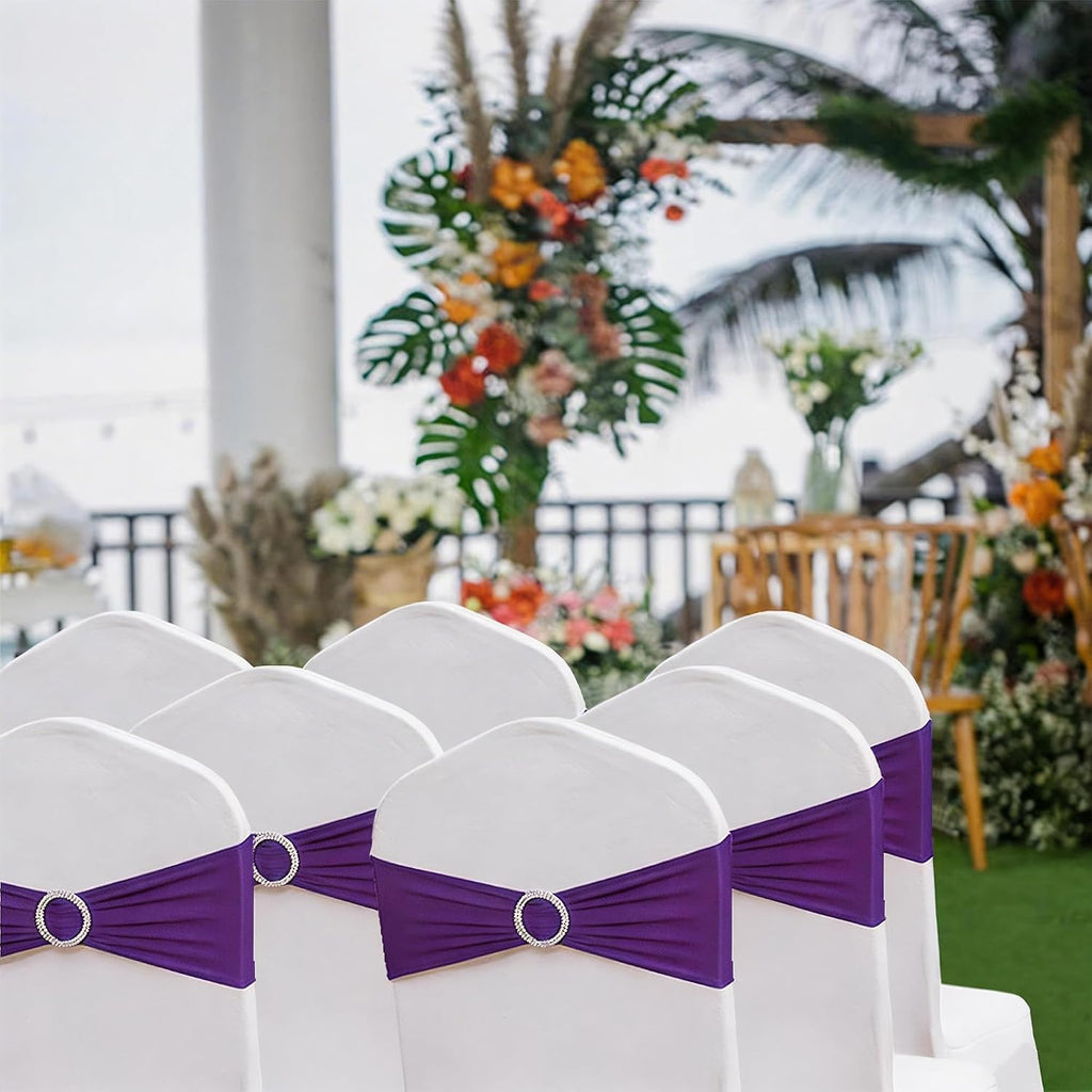 Spandex Purple Chair Sashes 100 Pack Wedding Chair Bows Bands with Buckles