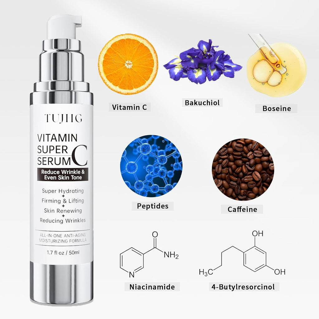 Vitamin C Retinol Serum for Face, Brightening & Anti-Aging with Hyaluronic Acid, Vitamin E, Peptides, Collagen