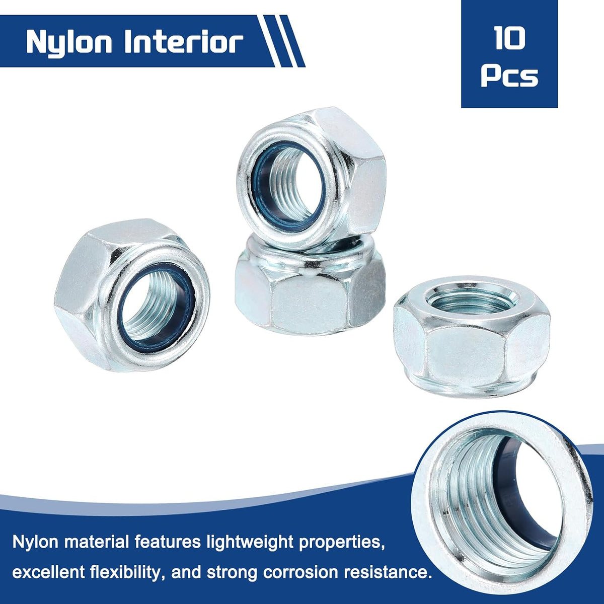 10Pcs M12-1.25 Nylon Locking Hex Nuts CarbonSteel Blue and White