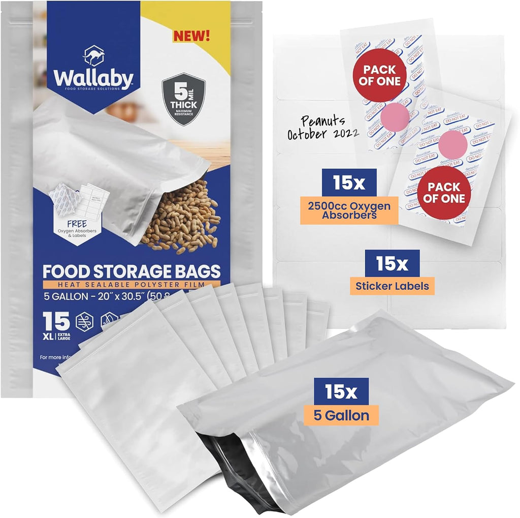 15 Count 5-Gallon Mylar Bags with 2500cc Oxygen Absorbers, 10 Mil Total Thickness Long-Term Food Storage Pouches