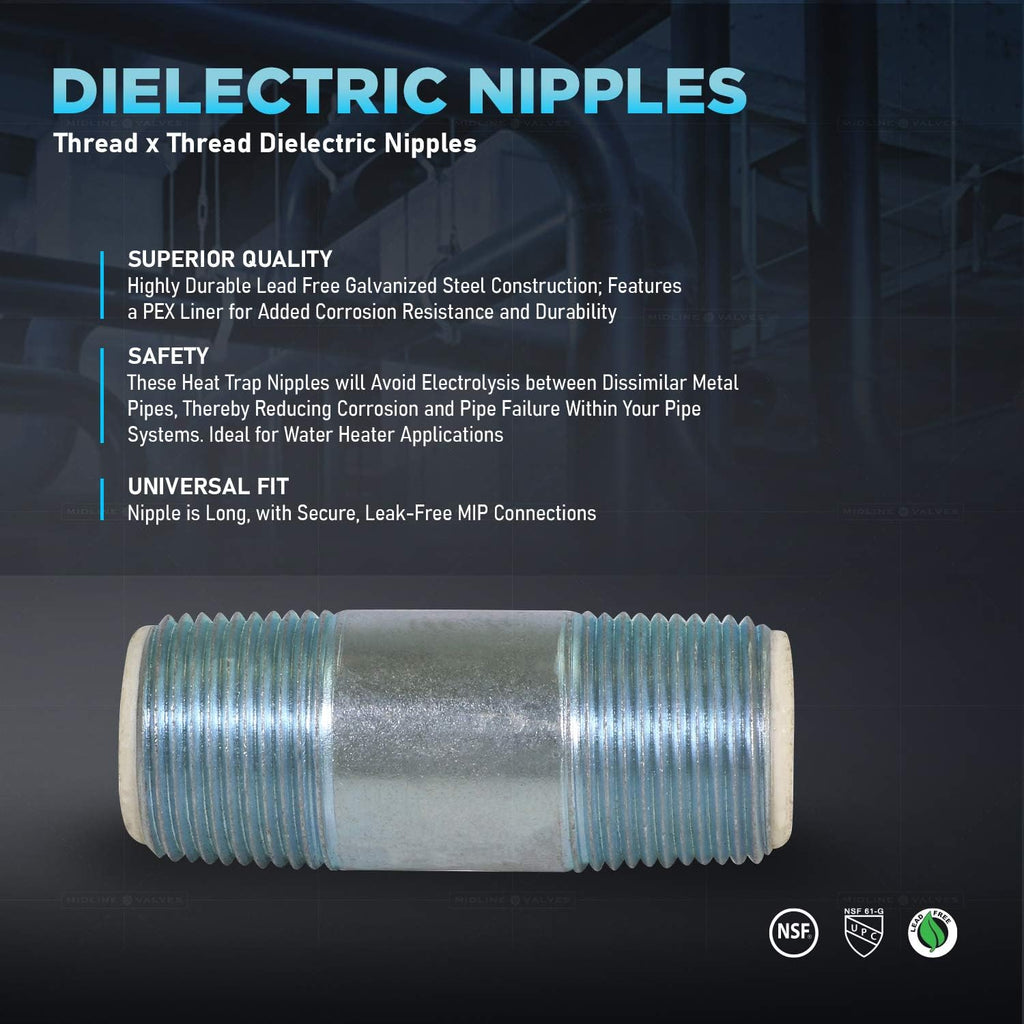 Midline Valve EOUU3425 Dielectric Nipple Pipe Fitting with PEX Lining 3/4'' MIP Connections 2-1/2'' Long Galvanized Steel Reduces Electrolysis