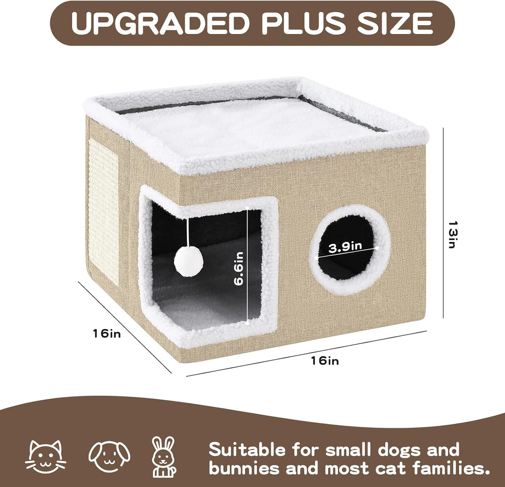 Cat Beds for Indoor Cats Houses, Large Cat Cave with Fluffy Ball and Scratch Pad, Foldable Cat House with Hideaway