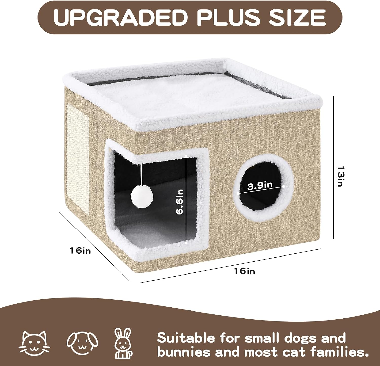 Cat Beds for Indoor Cats Houses, Large Cat Cave with Fluffy Ball and Scratch Pad, Foldable Cat House with Hideaway