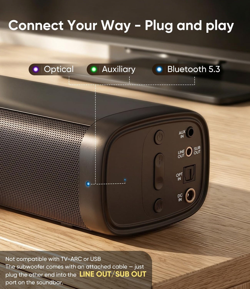 11.7" Sound Bar with Subwoofer, Deep Bass, Bluetooth/AUX/Optical | 5.25" Subwoofer, 88w Peak Power, Surround Sound