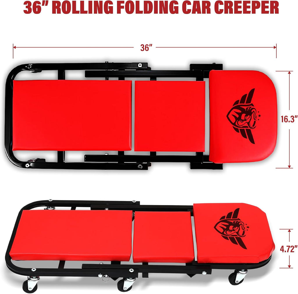 Mechanic Creeper Bench & Stool 2 in 1 - Folding Adjustable Chair Z Design 300 Lbs Capacity - Heavy Duty Garage Seat