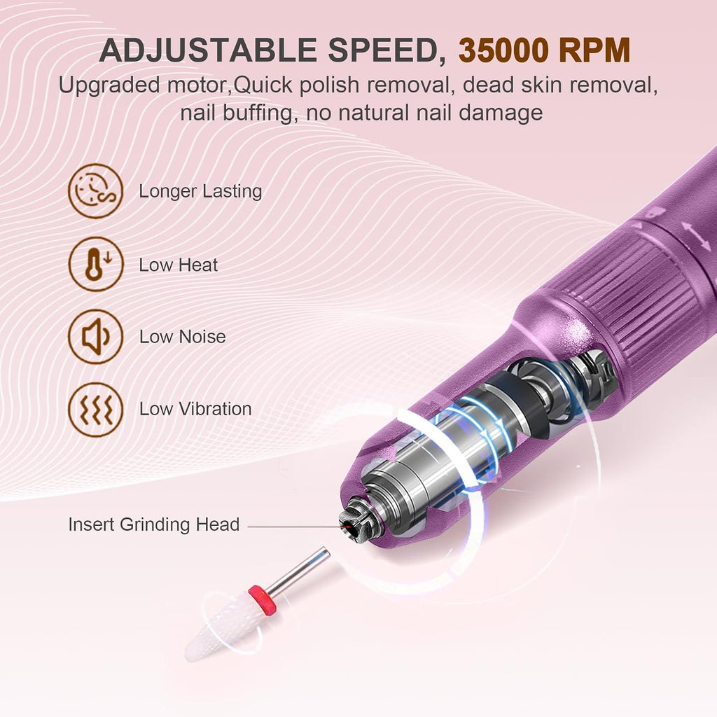 Electric Nail Drill Rechargeable Professional,2 in 1 Nail Grinder & UV Lamp Combo,35000 RPM,Portable Cordless Nail