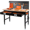 48" Adjustable Work Bench with Drawers, Workbench for Garage with Strip Light, Work Table with Large Pegboard, 2000