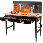 48" Adjustable Work Bench with Drawers, Workbench for Garage with Strip Light, Work Table with Large Pegboard, 2000