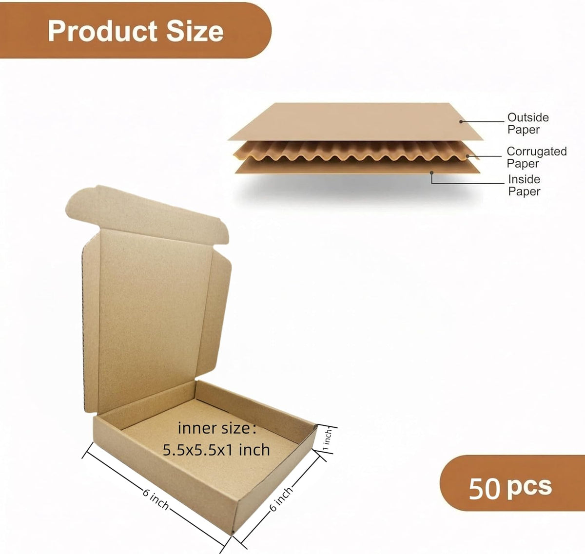 6 x 6 x 1 Inches Small Shipping Boxes Corrugated Packing Box 50 Pack
