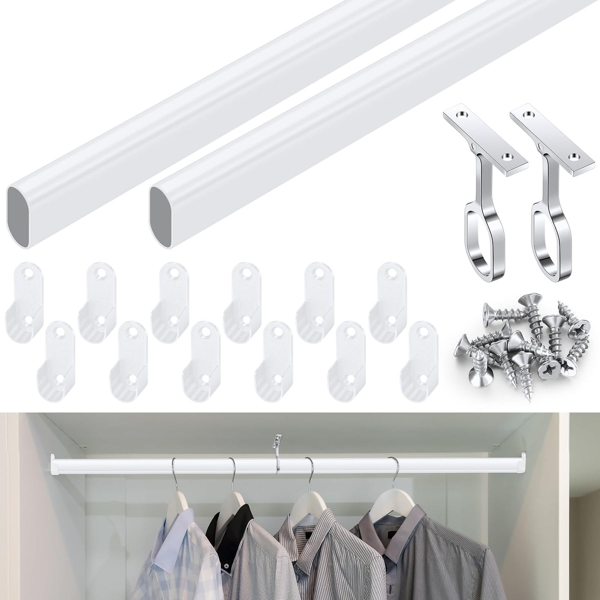 Oval Closet Rod Kit with End Caps Brackets, White