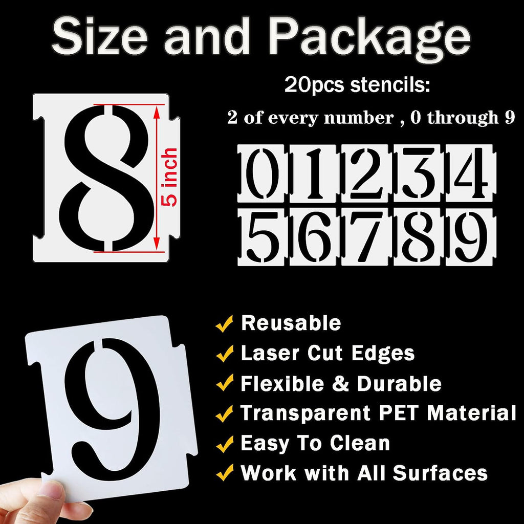 5 Inch Curb Stencil Kit 0-9 Address Number Stencils, 20Pcs Reusable 14 Mil Mylar Plastic Templates for Painting on