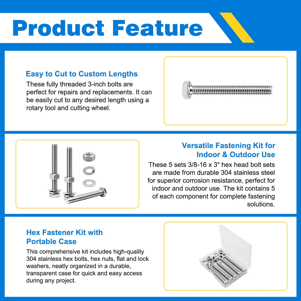 3/8-16 x 3 Hex Bolt Set with Nuts, Flat Washers, Spring Washers - 304 SS