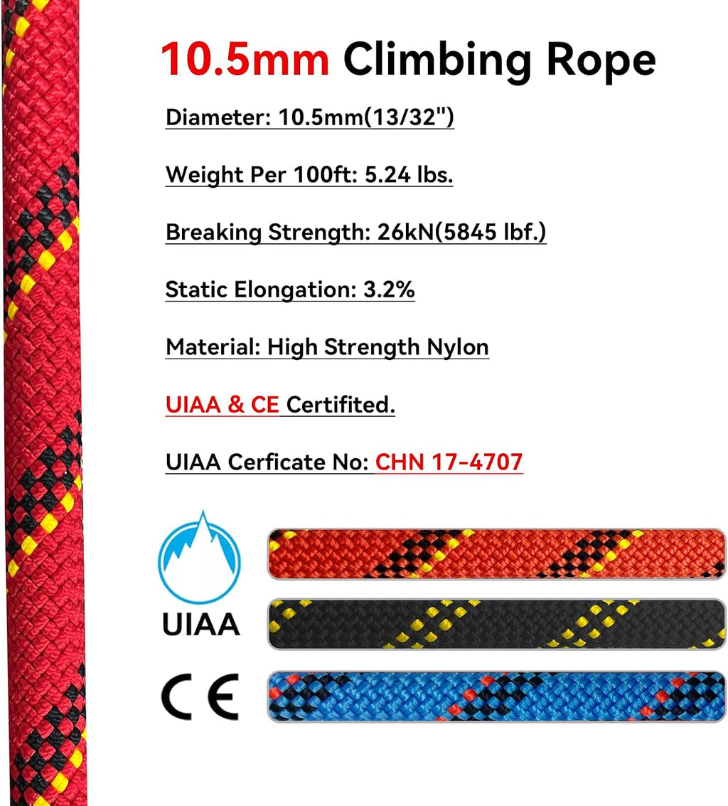 Static Climbing Rope 10.5mm UIAA Static Line Rappelling Rope Nylon Kern Mantle Rope for Escape Rope Rock Climbing