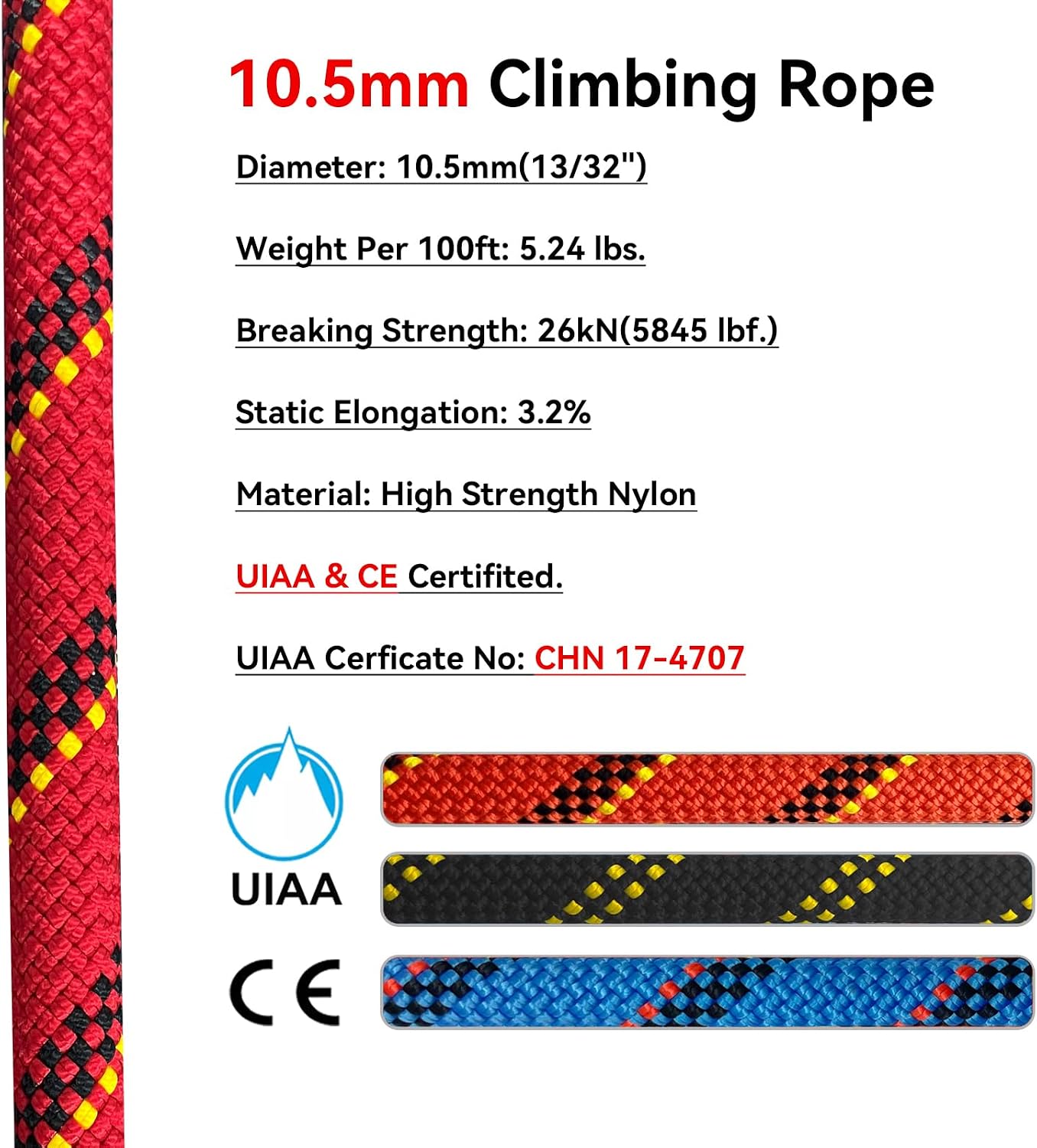 Static Climbing Rope 10.5mm UIAA Static Line Rappelling Rope Nylon Kern Mantle Rope for Escape Rope Rock Climbing