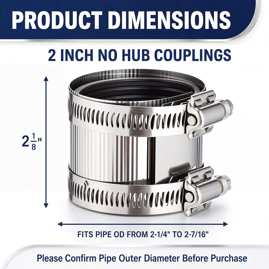 Hicarer 4 Pcs No Hub Couplings Shielded Flexible Pipe Coupling, 2 Inch