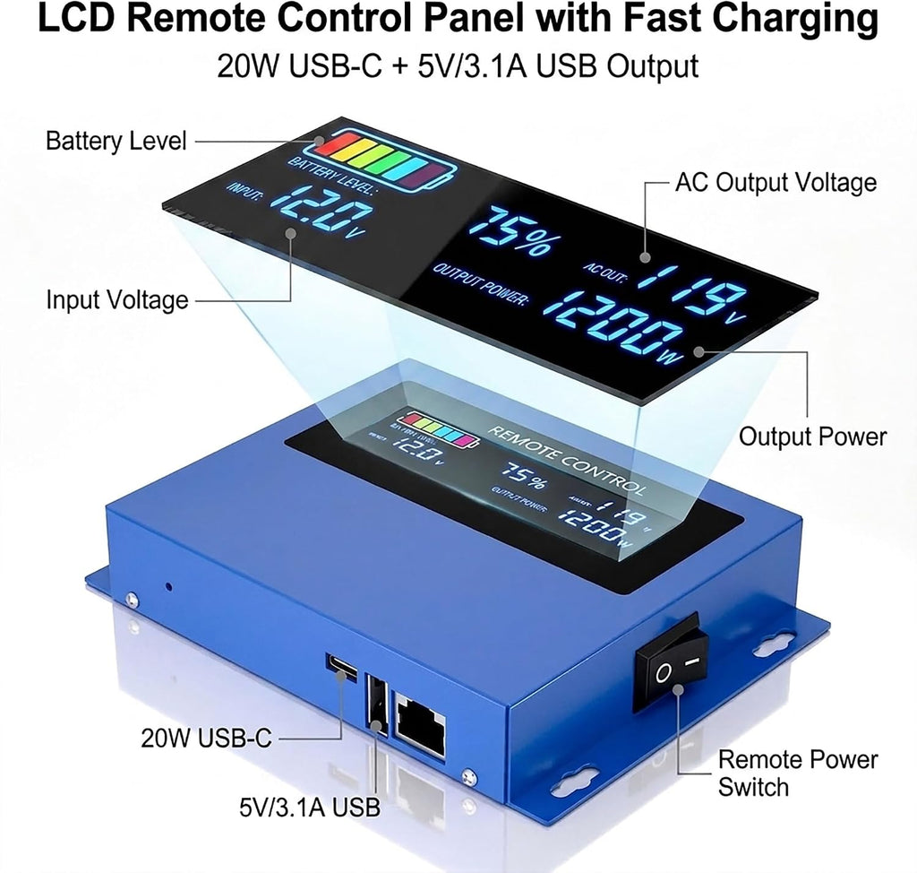 3000w Pure sine Wave Inverter DC 12V to AC 110V/120V Converter, 6000w (Peak) with LCD Display, Wireless/Wired Remote