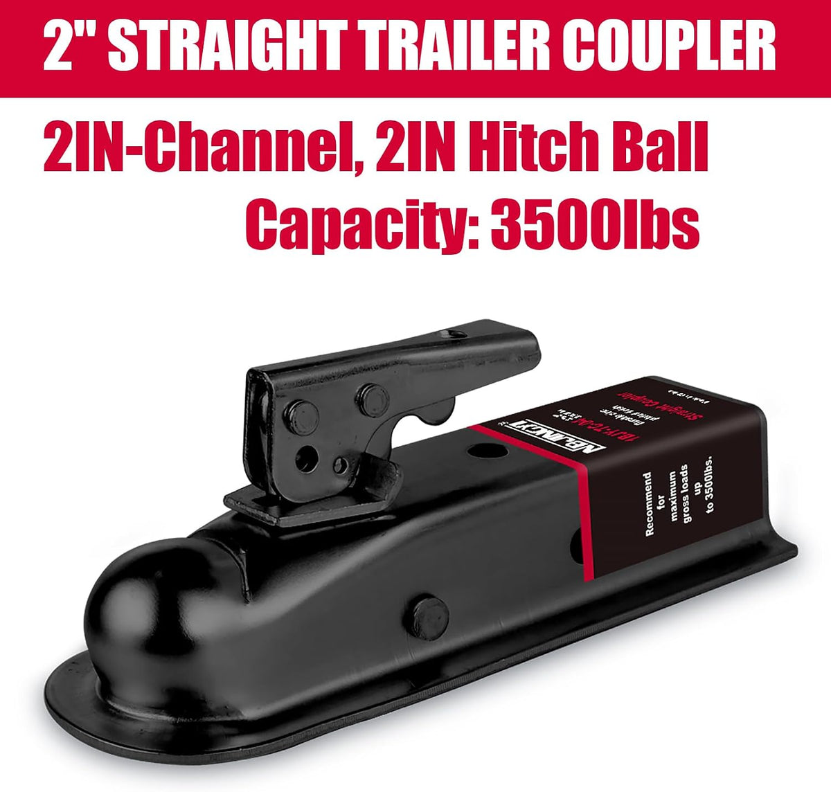 Straight Trailer Coupler for 2" Ball and 2" Channel Tongue, 3500 lbs Gross Weight Capacity, E-Coated Black Steel for